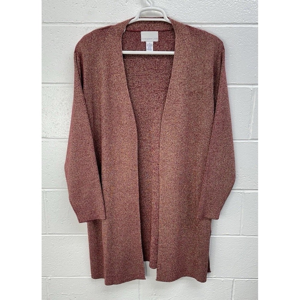 Susan Graver Dark Red Gold Metallic Knit Open Front Long Duster Cardigan Size 2X